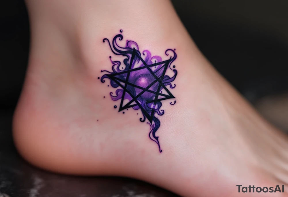 A dark purple inverted pentagram with swirling smoke, with a subtle spectral glow in the background. tattoo idea