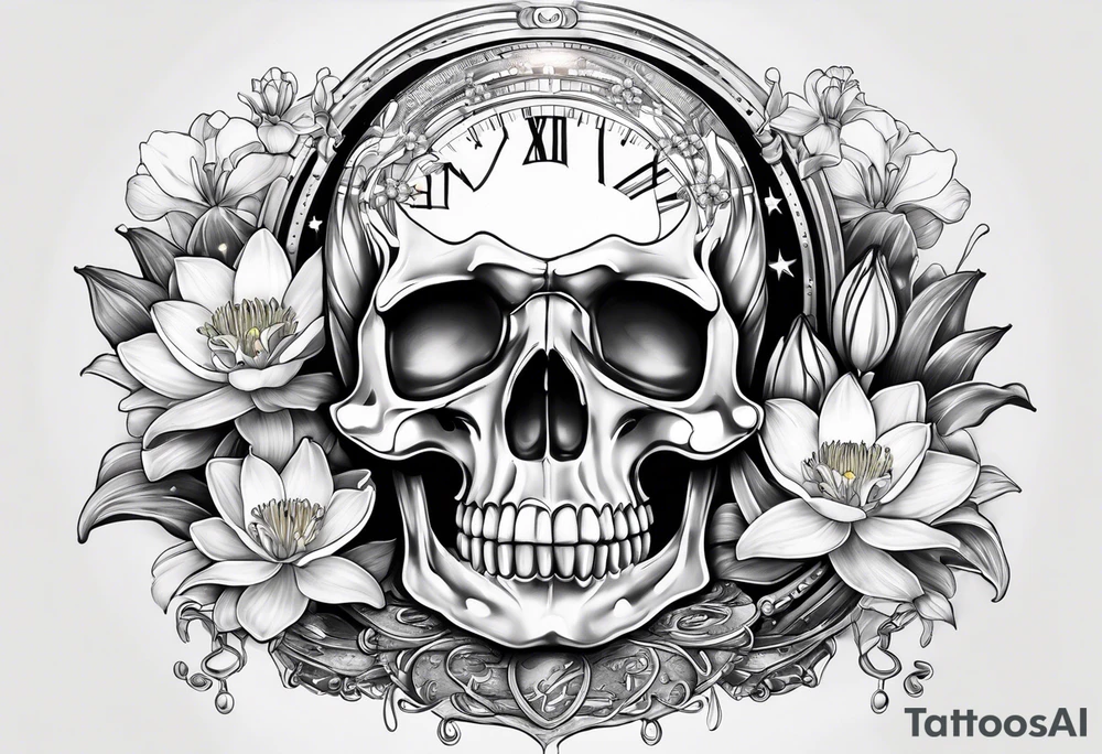 sleeve incorporating science, skulls, roller coaster track, space and stars, water lily, daffodil, lily of the valley tattoo idea