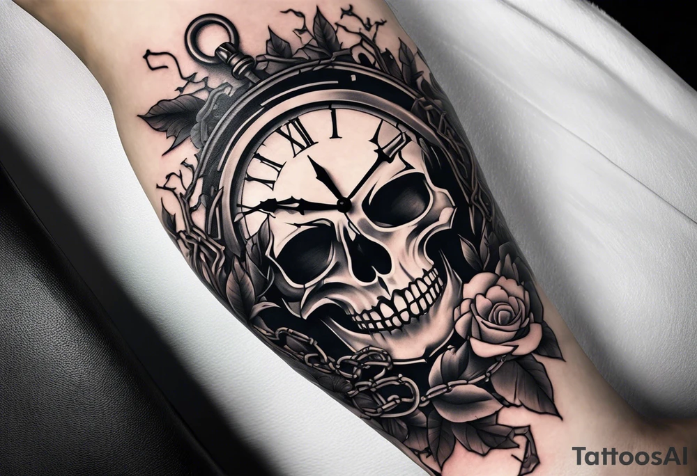 tattoo sleeve, tree roots break out of the chains at the bottom of the hand, Symbolizing loss, an image of a broken mask, Clock with flying numbers, girl, skull, roses tattoo idea