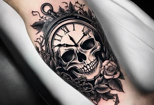 tattoo sleeve, tree roots break out of the chains at the bottom of the hand, Symbolizing loss, an image of a broken mask, Clock with flying numbers, girl, skull, roses tattoo idea