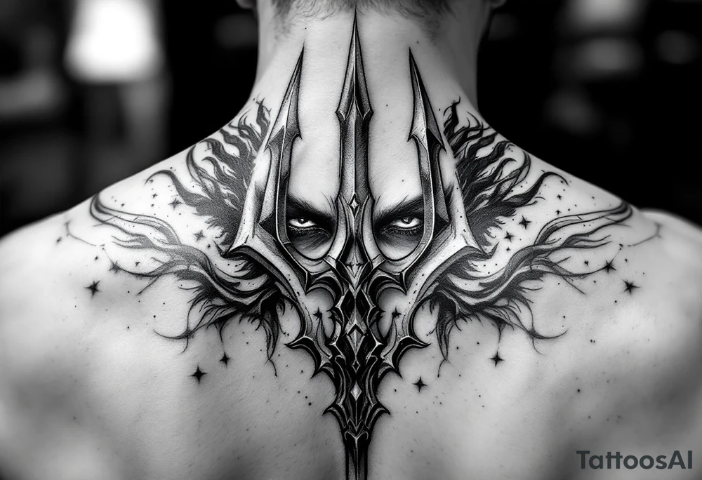 face behind trident tattoo idea