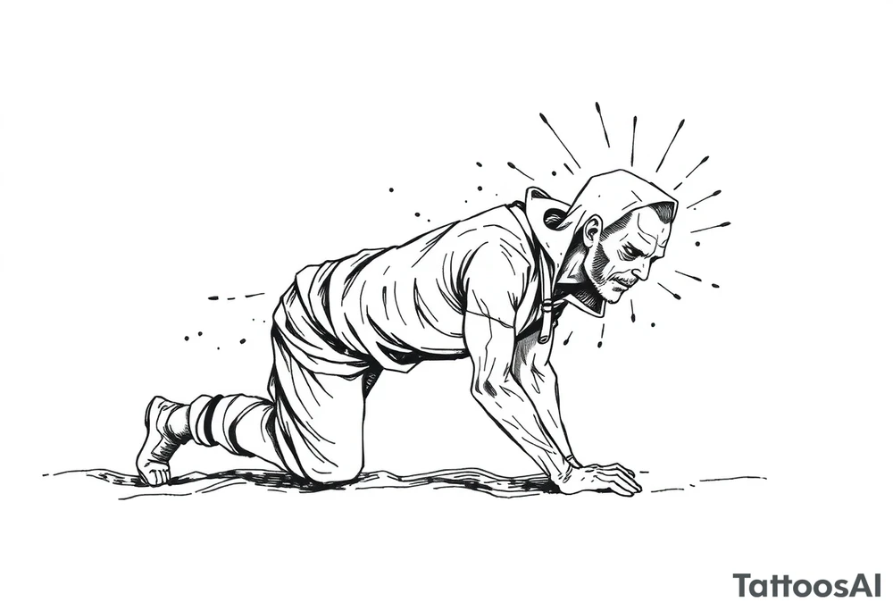 Everything everywhere all at once :Confusion and pressure in thin lines solo traveler with no face with his body parts left on the path behind him he’s crawling tattoo idea