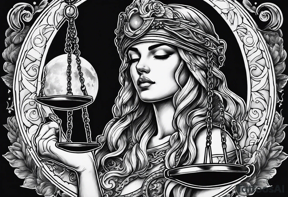 Themis holding the scales of justice while blindfolded with a moon in the background tattoo idea