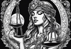 Themis holding the scales of justice while blindfolded with a moon in the background tattoo idea