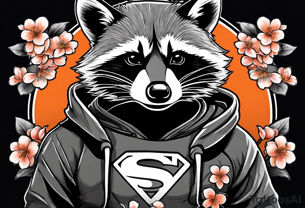 Raccoon wearing a white Superman logo on a black hoodie and orange Japanese cherry blossoms beside tattoo idea