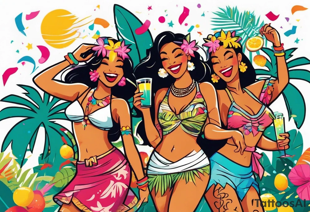 TIKI beach  dance party scene with tropical drinks, sexy girls dancing, music notes, confetti tattoo idea