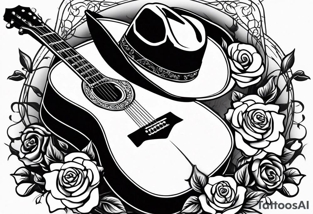 Country acoustic guitar with cowboy hat, barbed wire and roses in background, sleeve tattoo tattoo idea