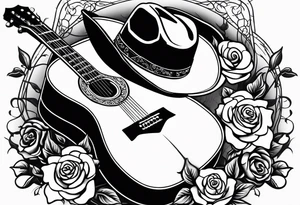Country acoustic guitar with cowboy hat, barbed wire and roses in background, sleeve tattoo tattoo idea