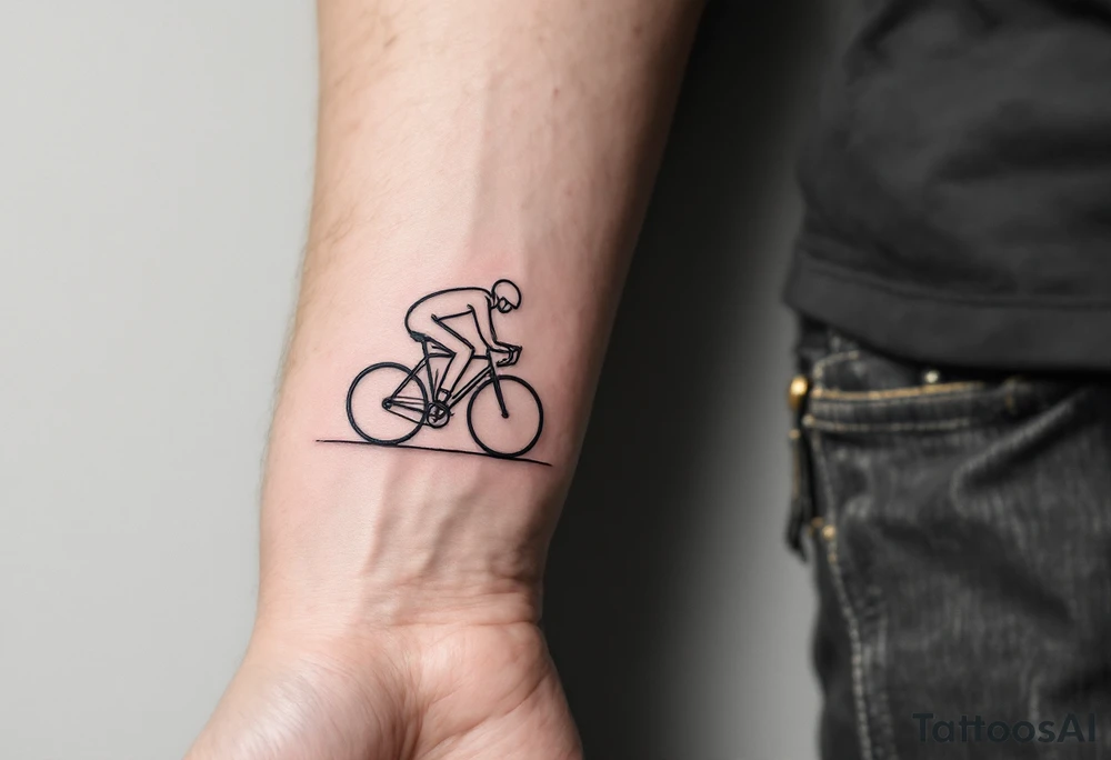 A minimalist line-art cyclist, drawn in a single continuous stroke in black ink with subtle blue highlights for depth. tattoo idea