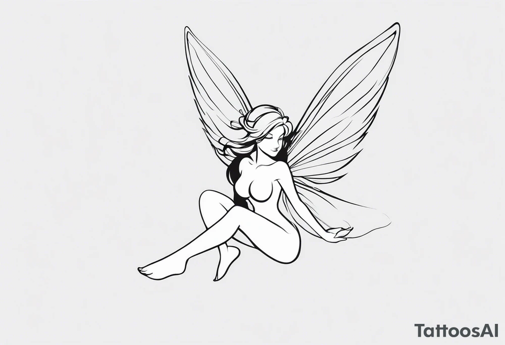 Minimalistic, monochromatic fairy with a tail flying to the left in a fetal position, leaning and looking in the same direction, with visible hands, embodying the 'Fairy Tail' logo aesthetic. tattoo idea