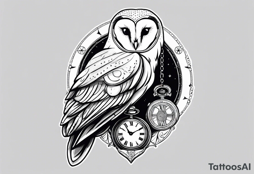 Barn owl holding a pocket watch with the time set at 1:43 tattoo idea