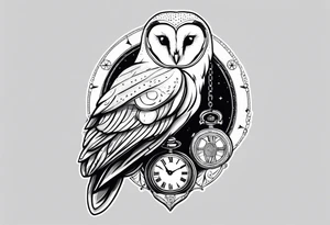 Barn owl holding a pocket watch with the time set at 1:43 tattoo idea