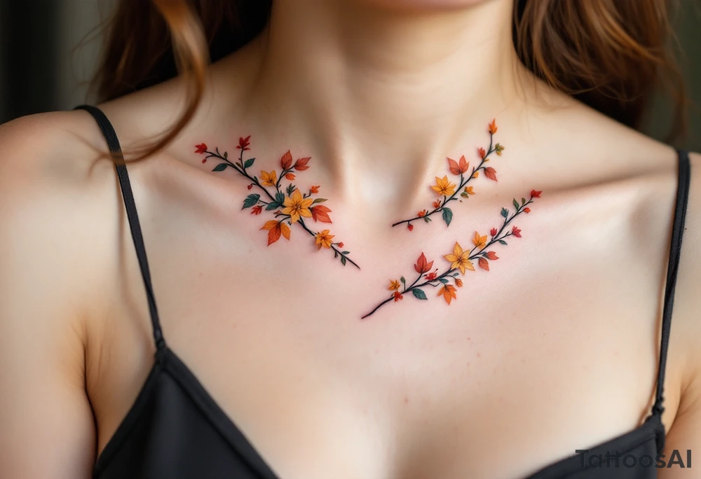 Two separate collarbone tattoos of long, stems and branches covered with red, orange, yellow and dark forest green leaves and flowers, fall themed, muted, delicate and gentle but moody, long and thin, following the collarbone. More muted, not so bright, darker colors tattoo idea