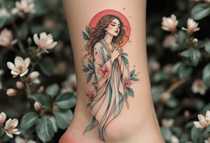Alfons Mucha’s seasonal spirit in flowing pastel robes, surrounded by blooming magnolias and muted earth tones. tattoo idea