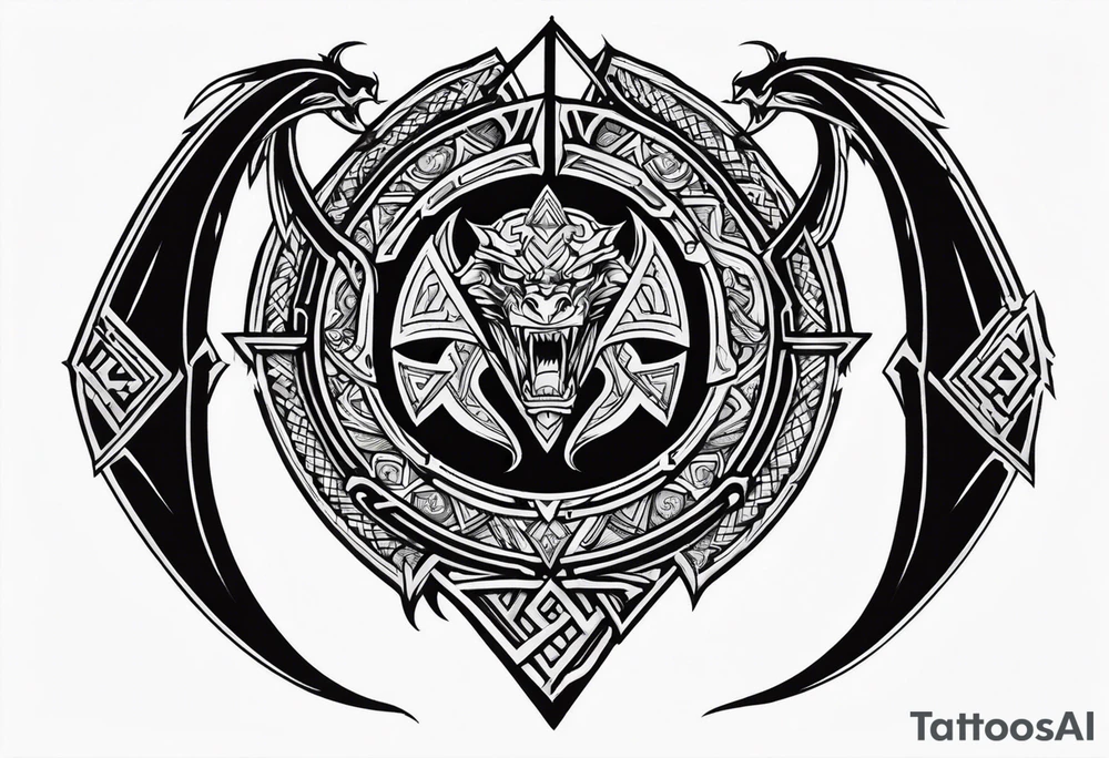 Valhalla sword shield dragon axe Valknut tattoo idea