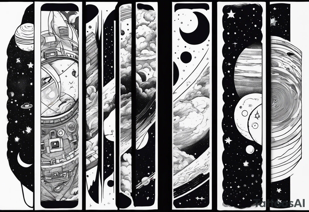 space themed arm sleeve. I want a feeling of being above it all. I like man on the move imagery inspired by kid cudi tattoo idea