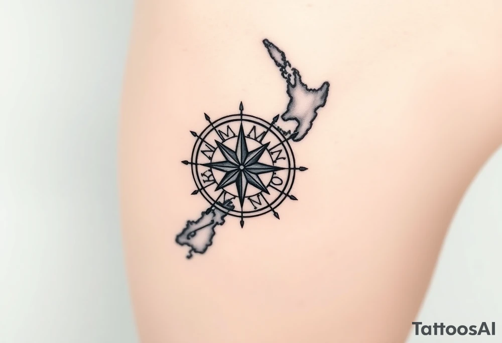 antique compass rose overlaid on weathered world map of New Zealand tattoo idea