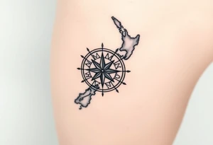 antique compass rose overlaid on weathered world map of New Zealand tattoo idea