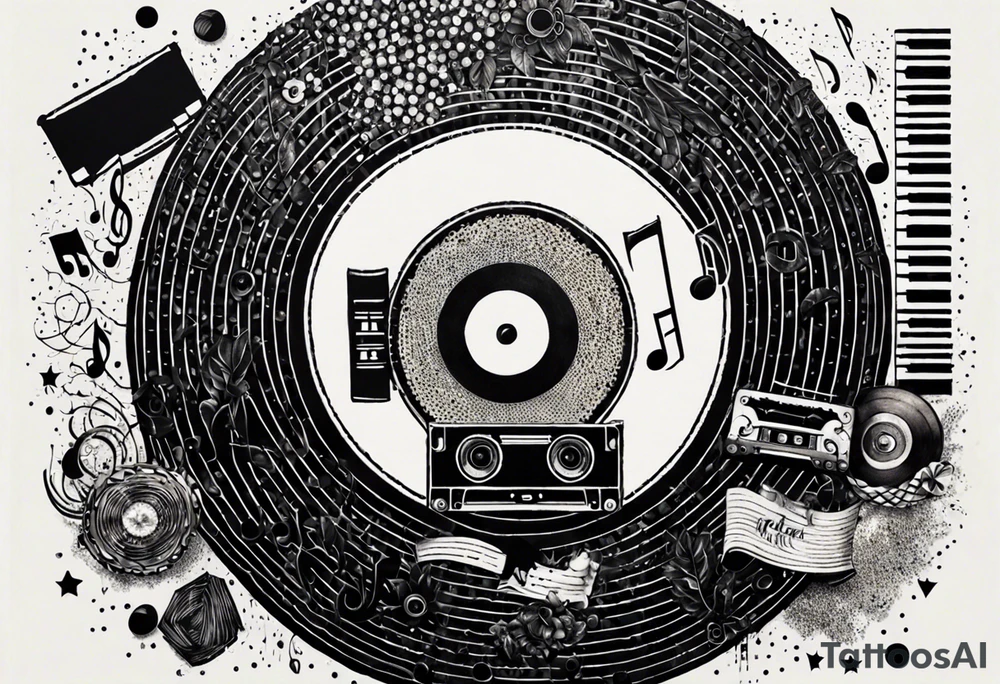 music notes surrounded by a record, a cassette tape, and saxophone parts tattoo idea
