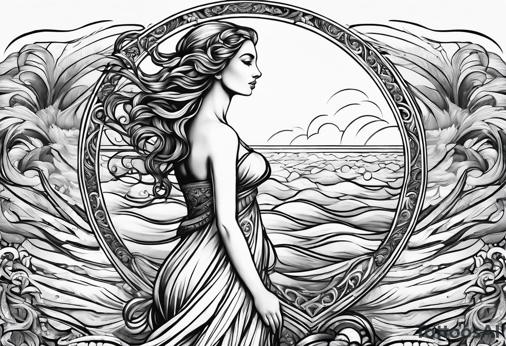 Goddess Venus full body standing in ocean tattoo idea