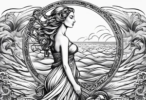 Goddess Venus full body standing in ocean tattoo idea