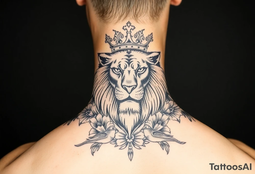 powerful majestic lion with a crown, surrounded by floral ornaments and birds tattoo idea