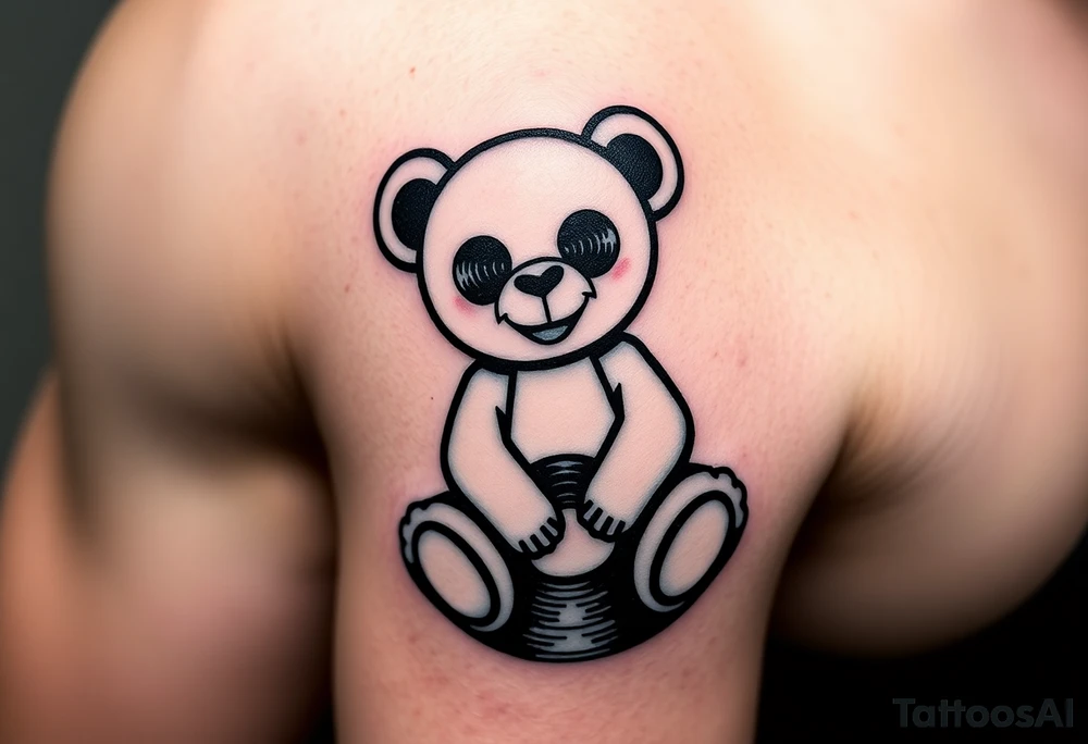 minimalist teddy bear with vinyl records as eyes smiling and sitting on a record yer tattoo idea