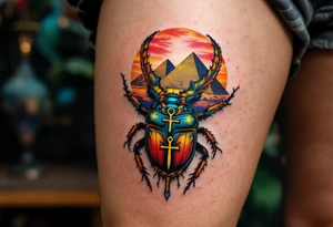 A scarab beetle carrying an Ankh, set against a backdrop of golden pyramids under a twilight sky. tattoo idea