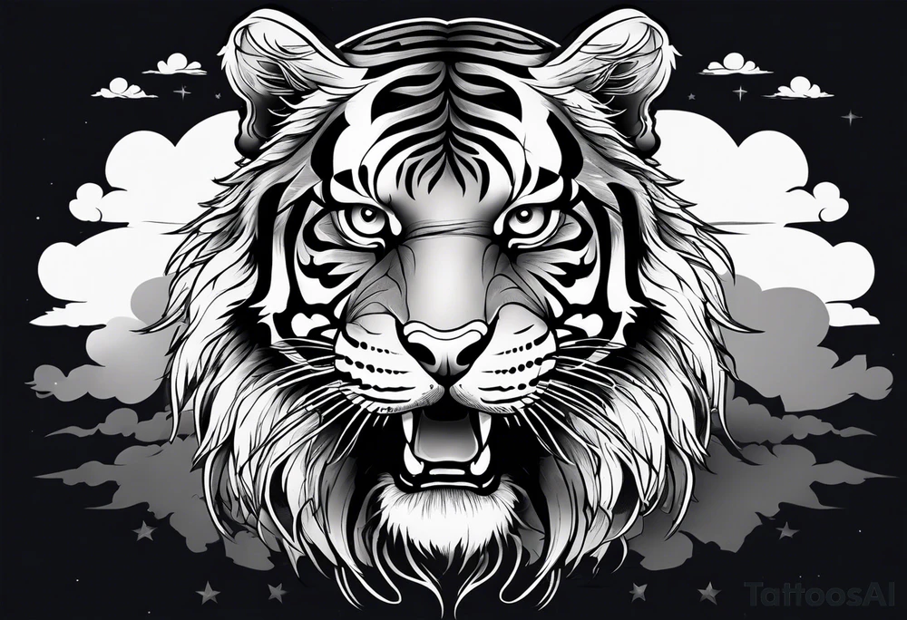 tiger with a full body not just its head with its body twisting clouds around tattoo idea