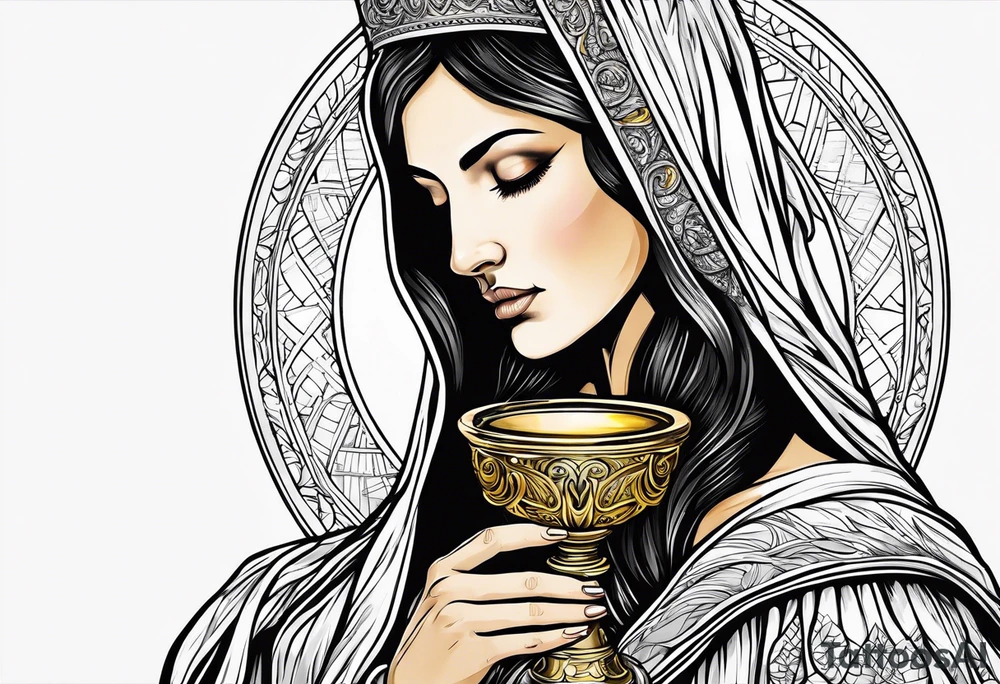 holy saint woman turned away with golden halo holding a chalice tattoo idea
