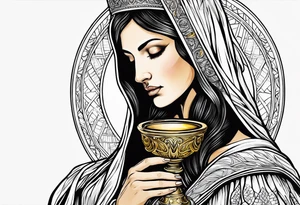 holy saint woman turned away with golden halo holding a chalice tattoo idea