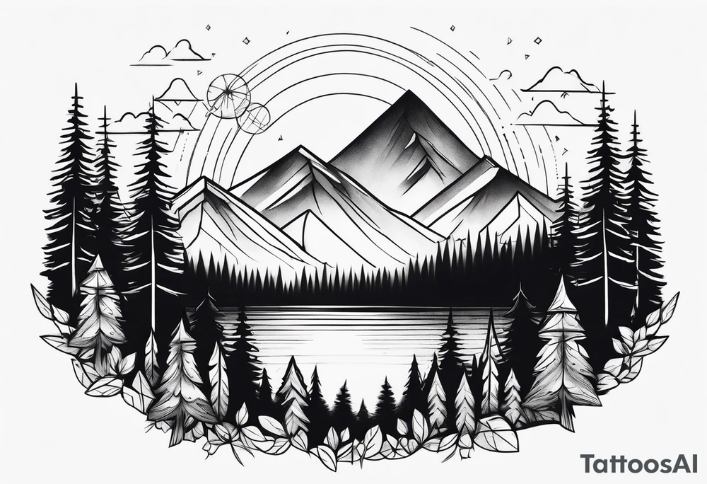 forest with mountains in the distance tattoo idea