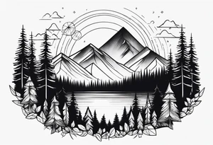 forest with mountains in the distance tattoo idea