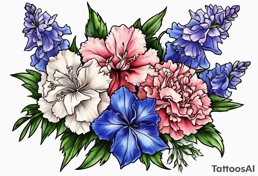 Larkspur flowers and carnation flowers in all color tattoo idea