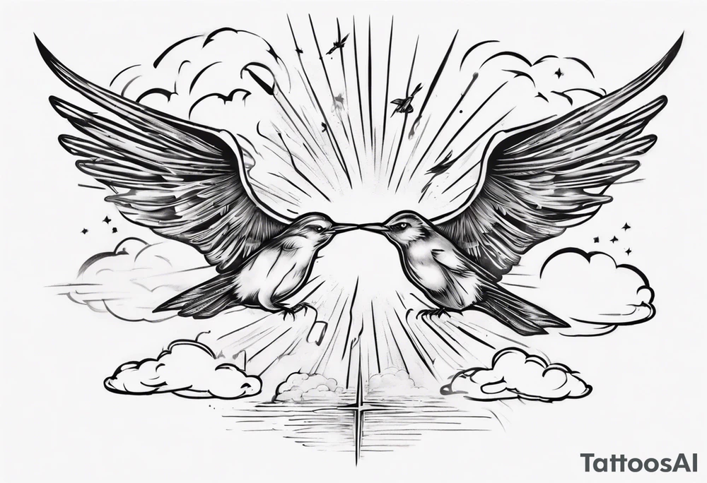a shoulder tattoo with rays of light, clouds and birds flying free tattoo idea
