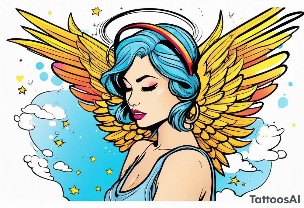 comic book style art, girl angel side profile, with wings, with floating halo, anime style tattoo idea
