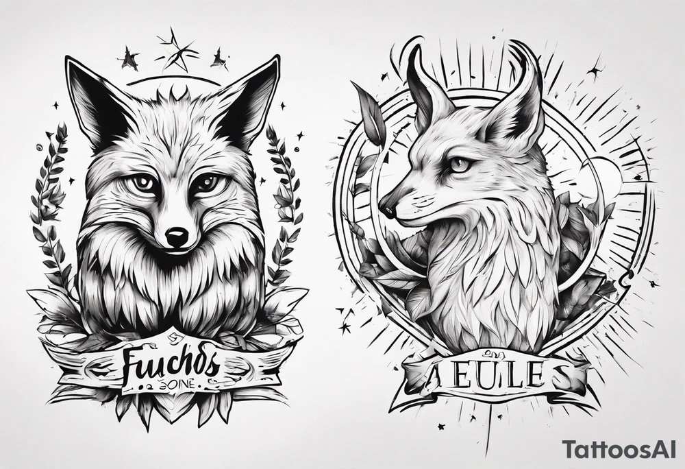 Fuchs und Eule unter der Sonne mit dem Schriftzug Sapere Aude tattoo idea