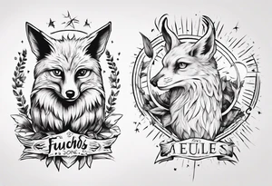 Fuchs und Eule unter der Sonne mit dem Schriftzug Sapere Aude tattoo idea