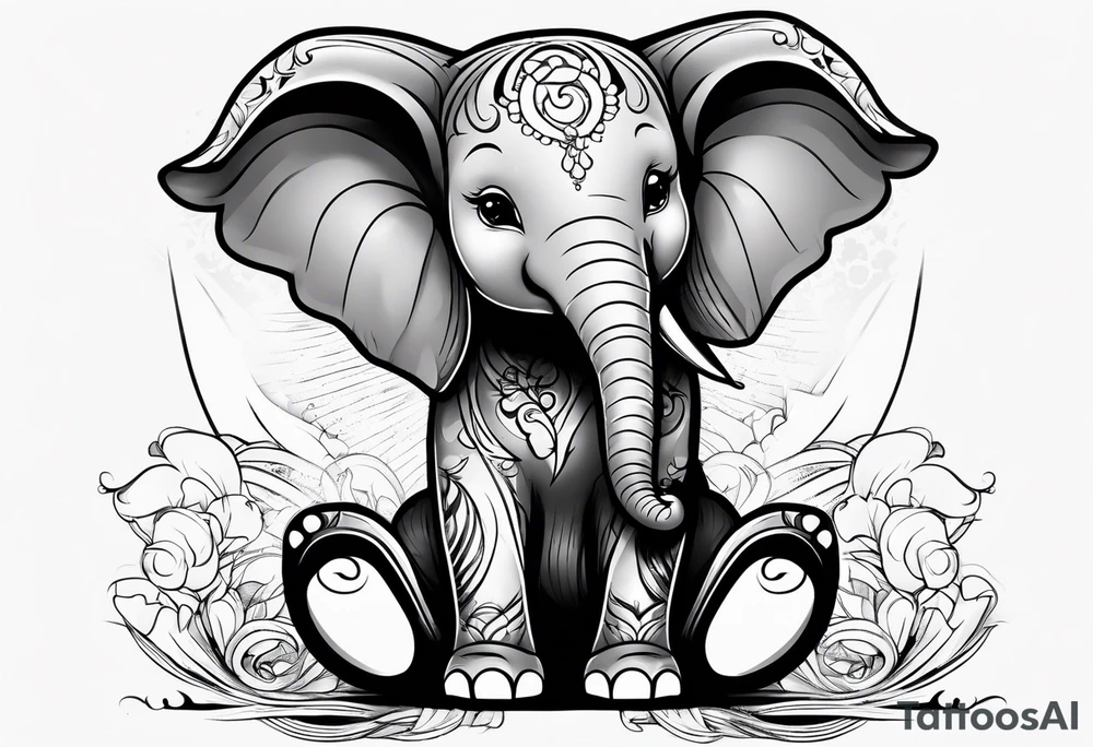 Cartoon baby elephant skating tattoo idea