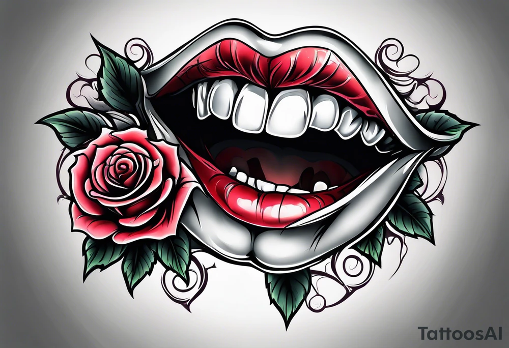 Sexy vampire mouth biting rose tattoo idea