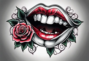 Sexy vampire mouth biting rose tattoo idea
