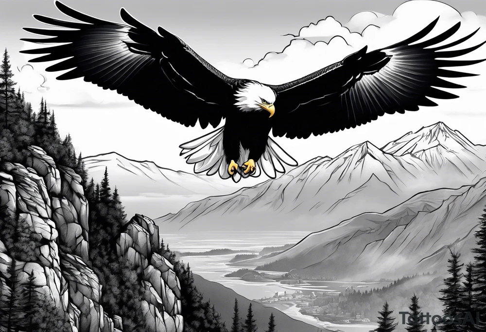Eagle and a White Dove reunite on a mountain top tattoo idea