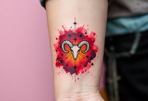 This Aries zodiac sign inspired tattoo uses deep black stars connected with silver lines over a red watercolor splash. tattoo idea