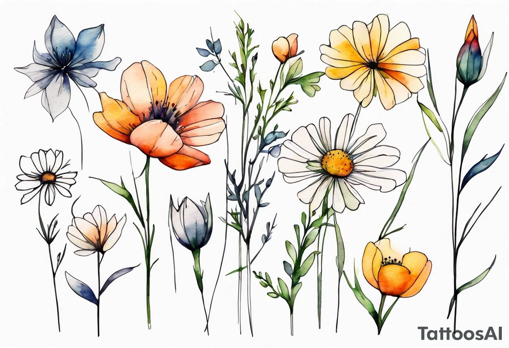 wild flowers long stems bouquet all watercolor tattoo idea