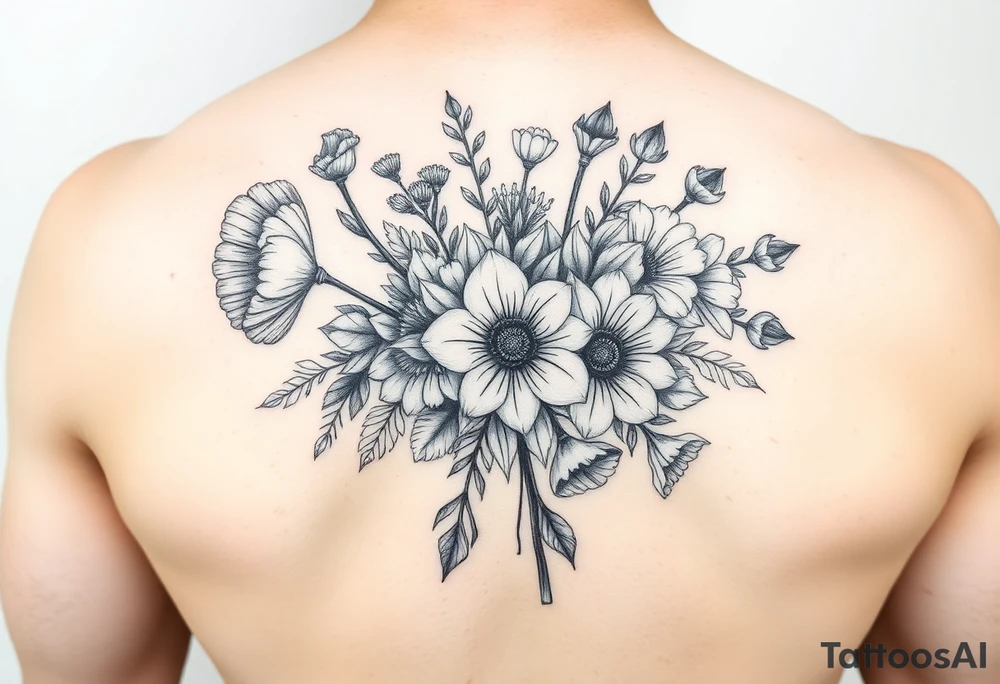 Bouquet flowers of poppy, gladiolus, holly, narcissistic, poinsettia, daisy, and sweet pea tattoo idea