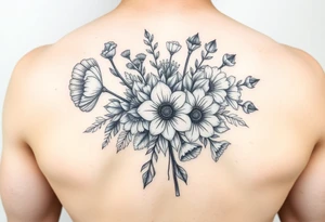 Bouquet flowers of poppy, gladiolus, holly, narcissistic, poinsettia, daisy, and sweet pea tattoo idea