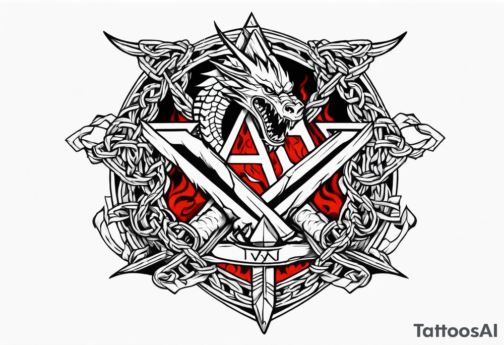 Valhalla sword shield dragon axe Valknut barbed wire chains fire tattoo idea Valhalla sword shield dragon axe Valknut barbed wire chains fire tattoo idea