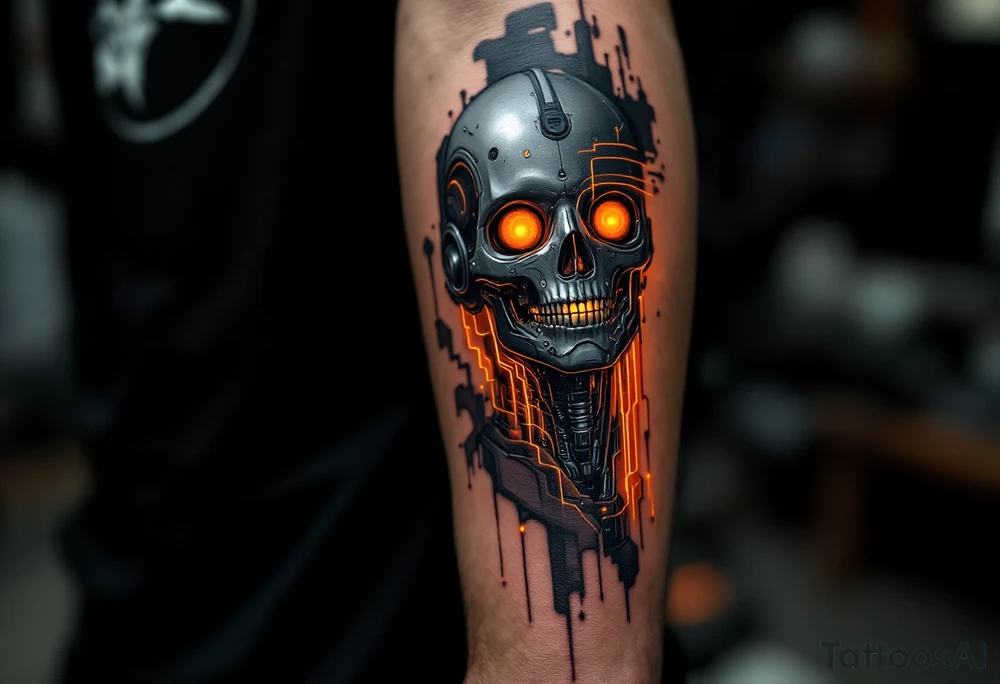 A half-human, half-android arm design in glossy gunmetal, lit from within by soft amber light trails tattoo idea