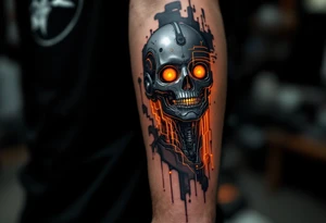A half-human, half-android arm design in glossy gunmetal, lit from within by soft amber light trails tattoo idea
