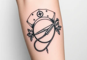 nurse hat and a needle and stethoscope  in an elaborate vintage cameo tattoo idea